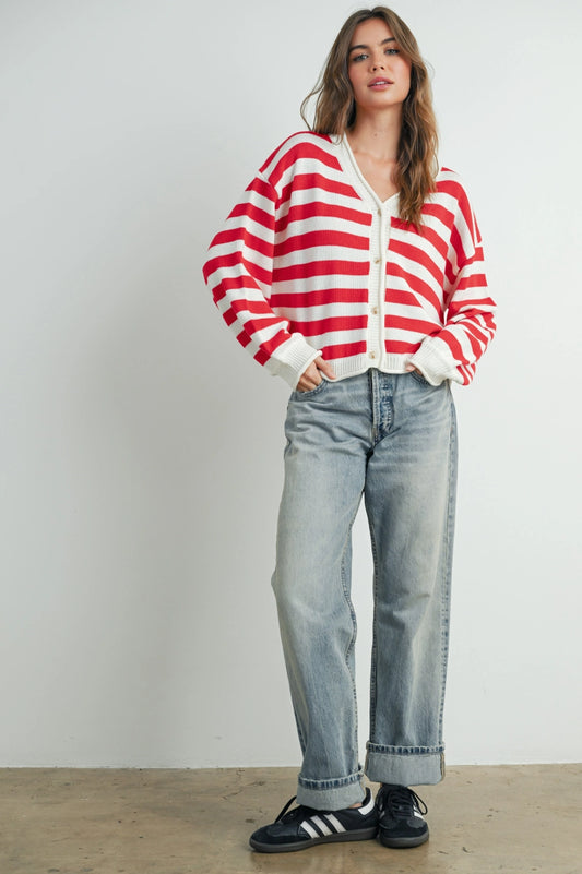 Button Front Stripped Sweater In Red
