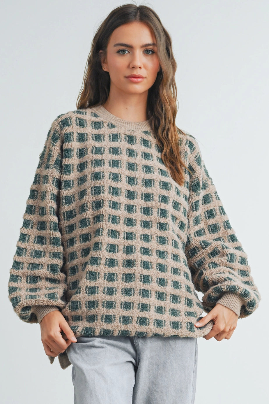 Checkered Oversized Sweater In Taupe/ Olive