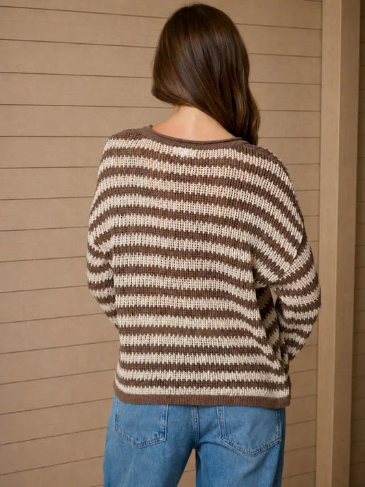 Stripe Raw Edge Split Neck Sheer Knit Sweater In Mocha