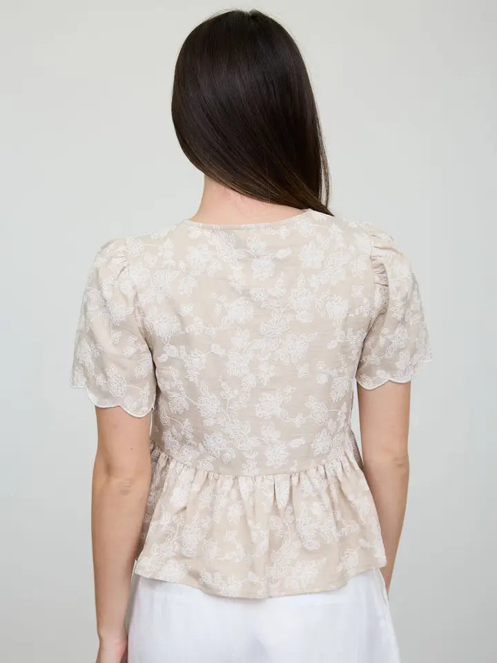 Floral Embroidery Tie Scalloped Top In Khaki