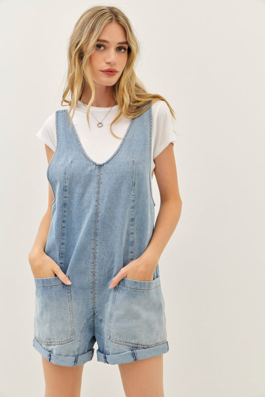 WASHED DENIM ROMPER WITH FRONT POCKETS