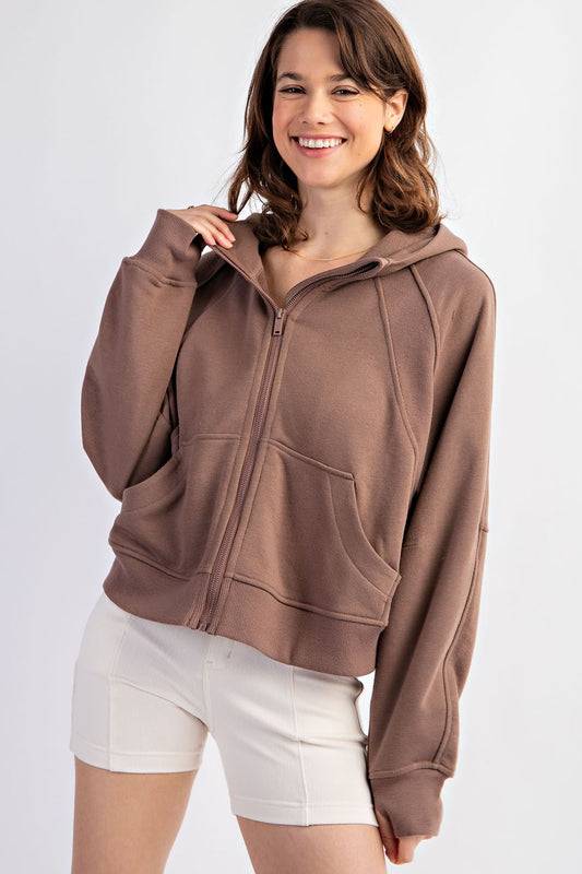 French Long Sleeve Zip Hoodie- Smoky Brown