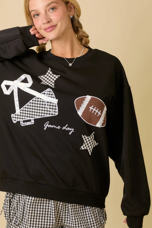 Football Game Day Bow Patched Crewneck In Black