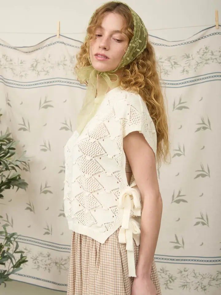 Side Tie Crochet Sweater In Cream
