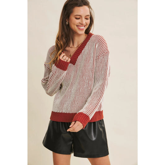 Two Tone Chenille Ribbed V-Neck Sweater