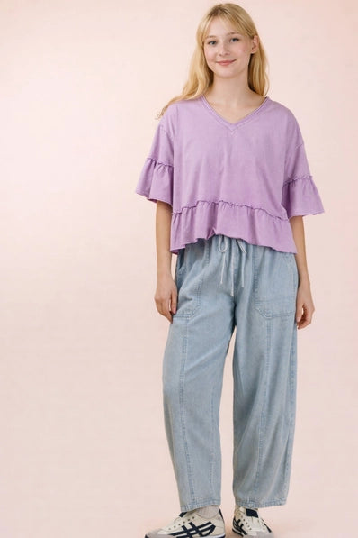 Mineral Washed Ruffle Detail Knit Top In Lavender