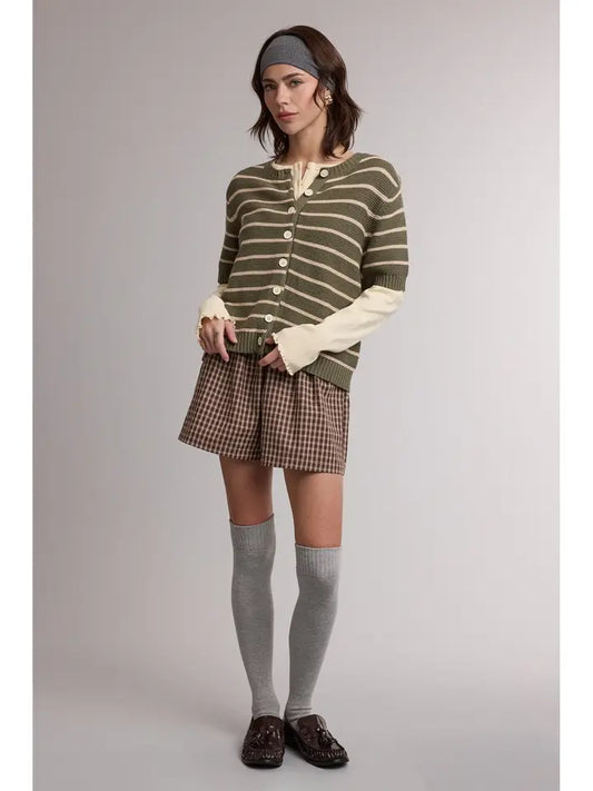 Stripe Short Sleeve Sweater Cardigan In Olive & Taupe