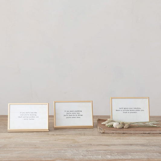 Metal & Glass Frame w/ Easel & Saying, Gold Finish