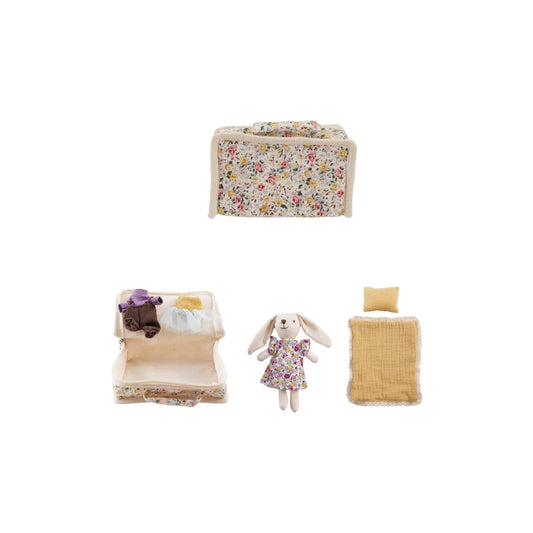 Fabric Zip Suitcase Bed with Plush Bunny & Outfits