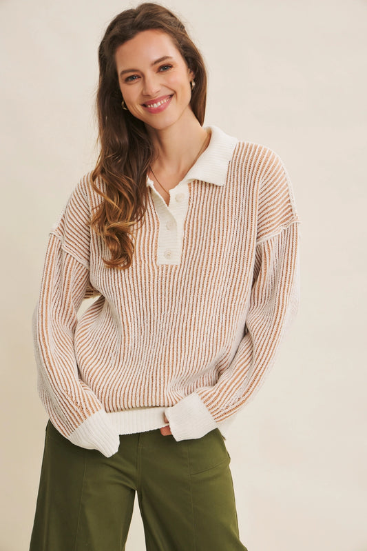 Two-Tone Stripe Henley Sweater
