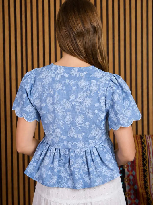 Floral Embroidery Tie Scalloped Top In Denim