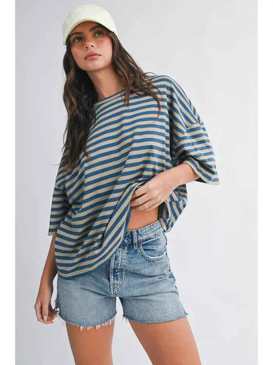 Oversized Stripe Boyfriend Tee in Tan