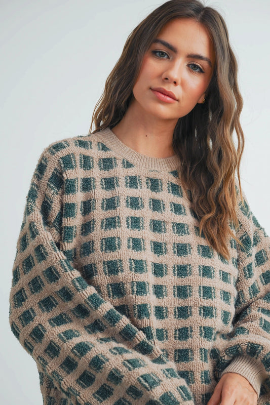 Checkered Oversized Sweater In Taupe/ Olive