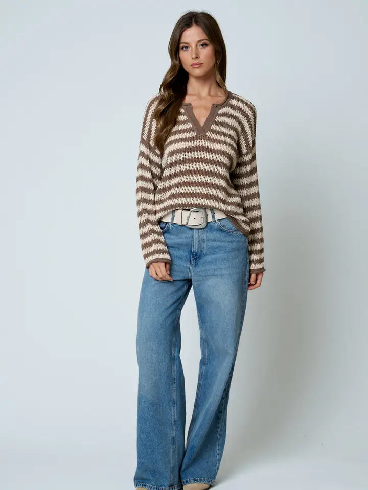 Stripe Raw Edge Split Neck Sheer Knit Sweater In Mocha