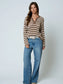 Stripe Raw Edge Split Neck Sheer Knit Sweater In Mocha