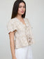 Floral Embroidery Tie Scalloped Top In Khaki