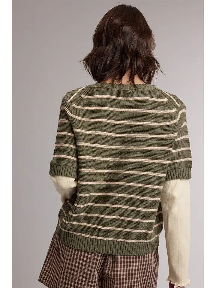 Stripe Short Sleeve Sweater Cardigan In Olive & Taupe