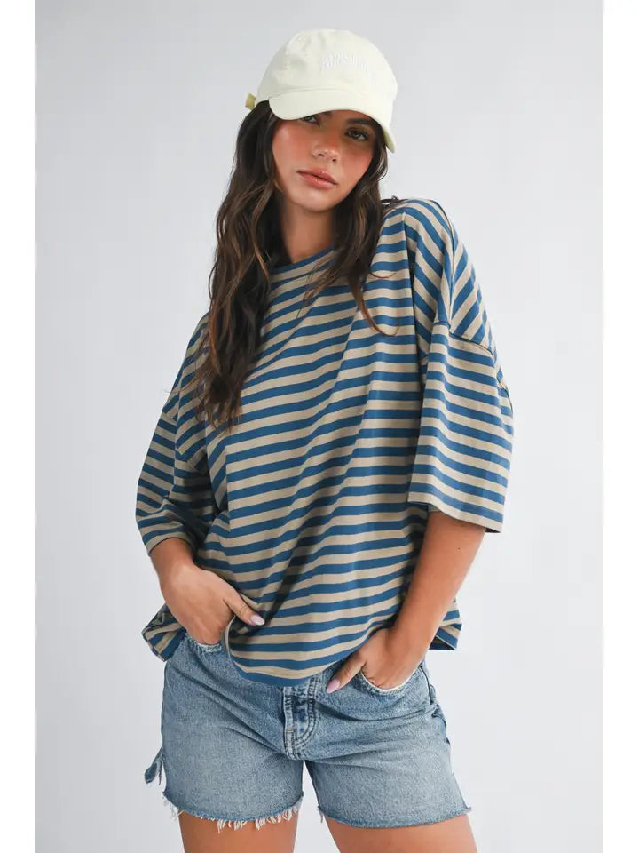 Oversized Stripe Boyfriend Tee in Tan