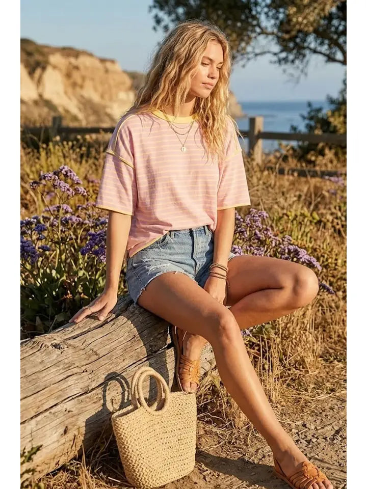 Striped Relaxed Fit Knit Tee in Pink & Yellow