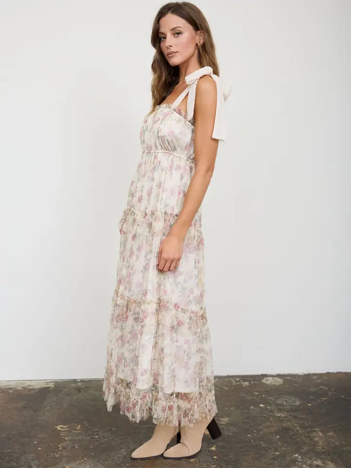 Floral Chiffon Tie Strap Ruffled Tiered Midi Dress